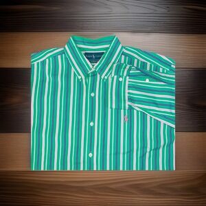 Polo Ralph Lauren Oxford Cloth Green Striped Cotton Button Down Shirt Sz L
